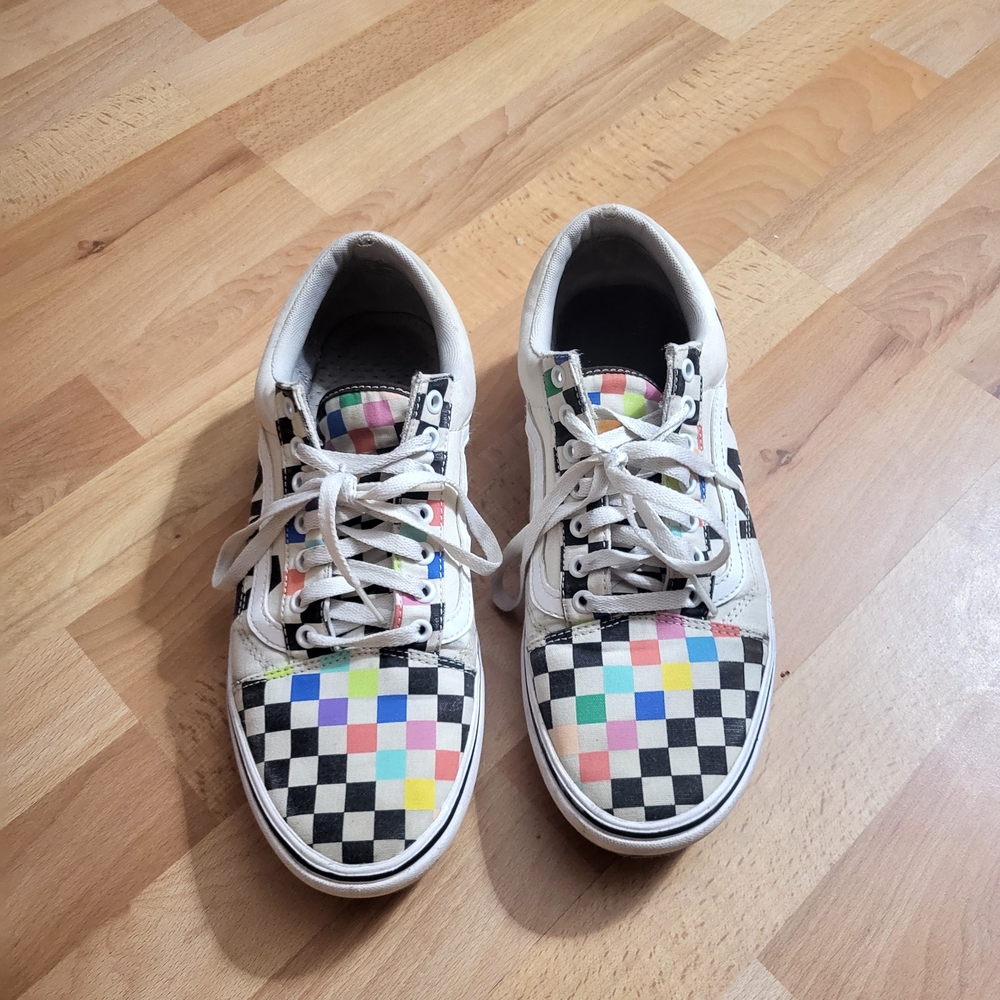 Vans Checkerboard Low-Top Sneakers in White with Multi-Color Squares